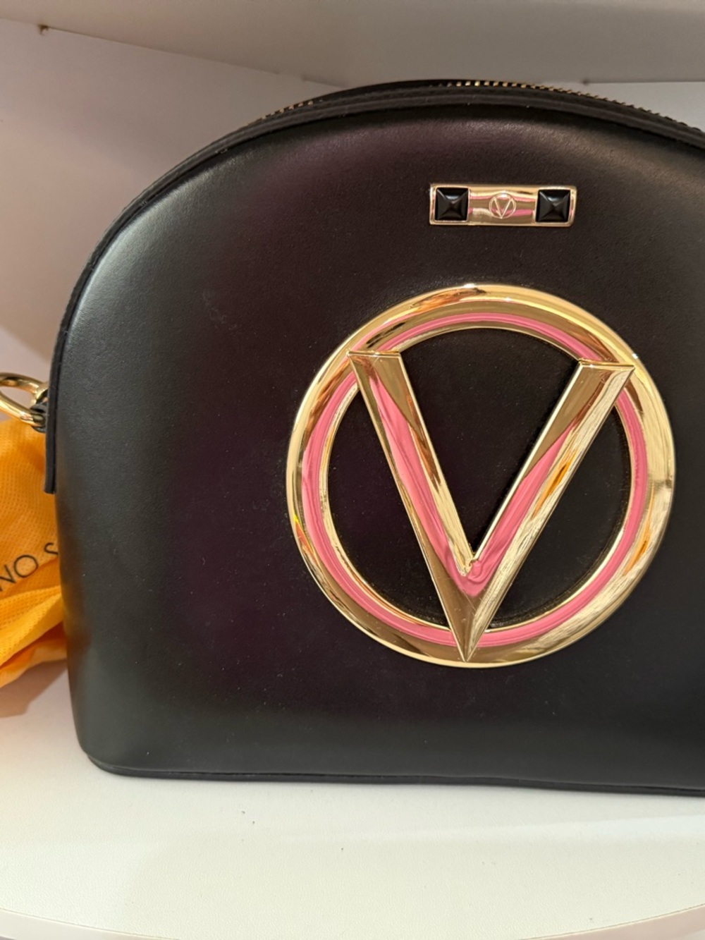 Mario Valentino Black Crossbody with Gold and Pink Logo Accent